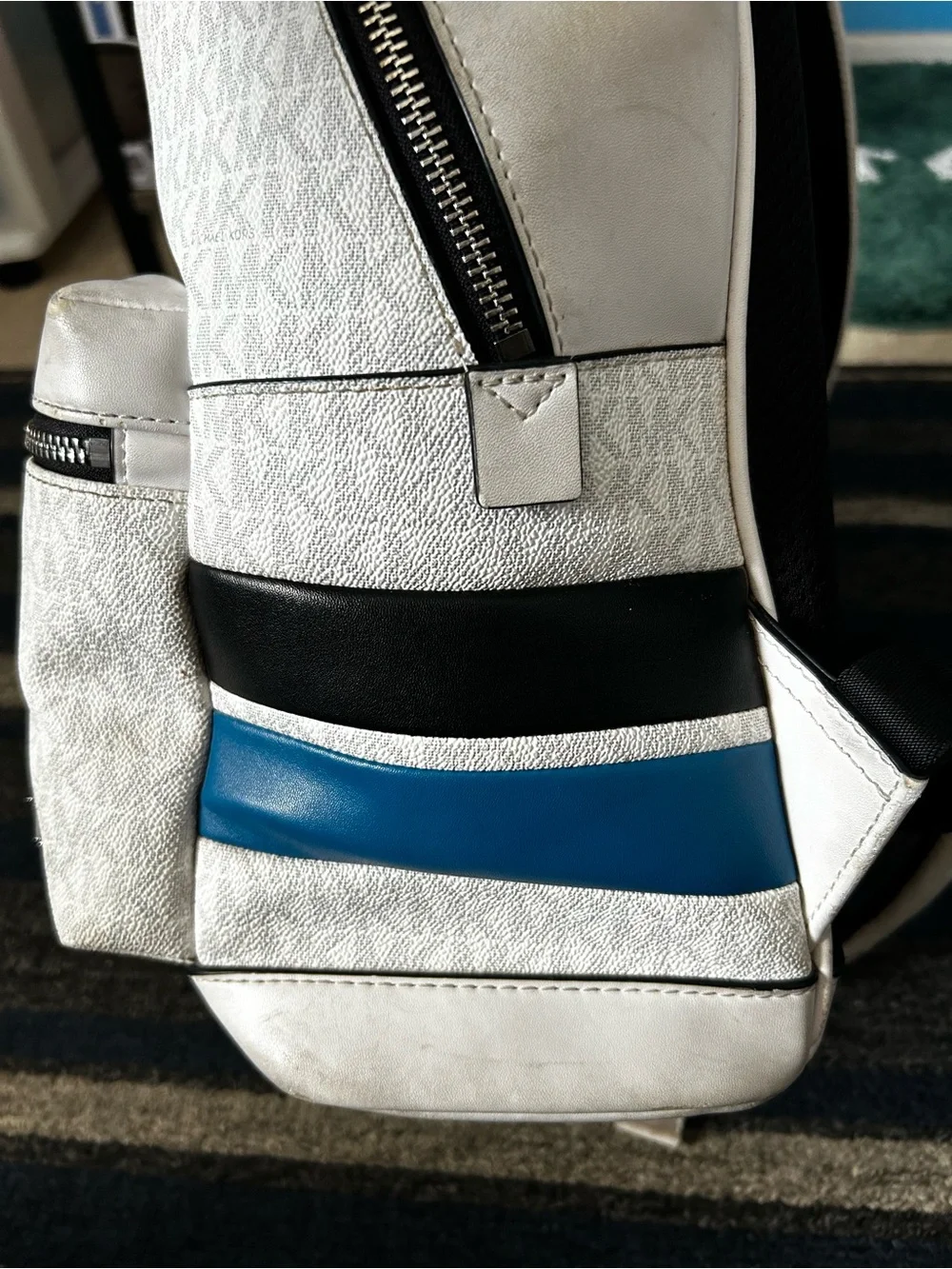 Michael Kors White MK Logo Backpack with Blue Accents